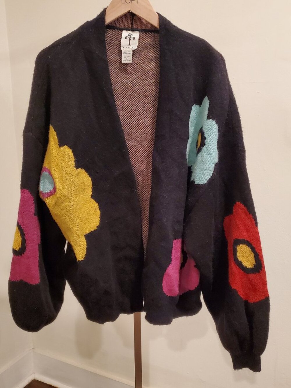 Rain + Rose Womens Oversized Floral Cardigan Sweater XL Black Chunky Knit Flower